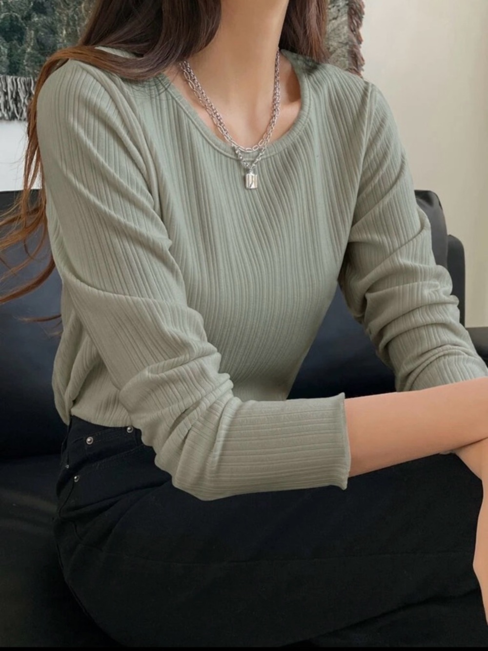 Ribbed Long Sleeve Crewneck Top in Sage Green
